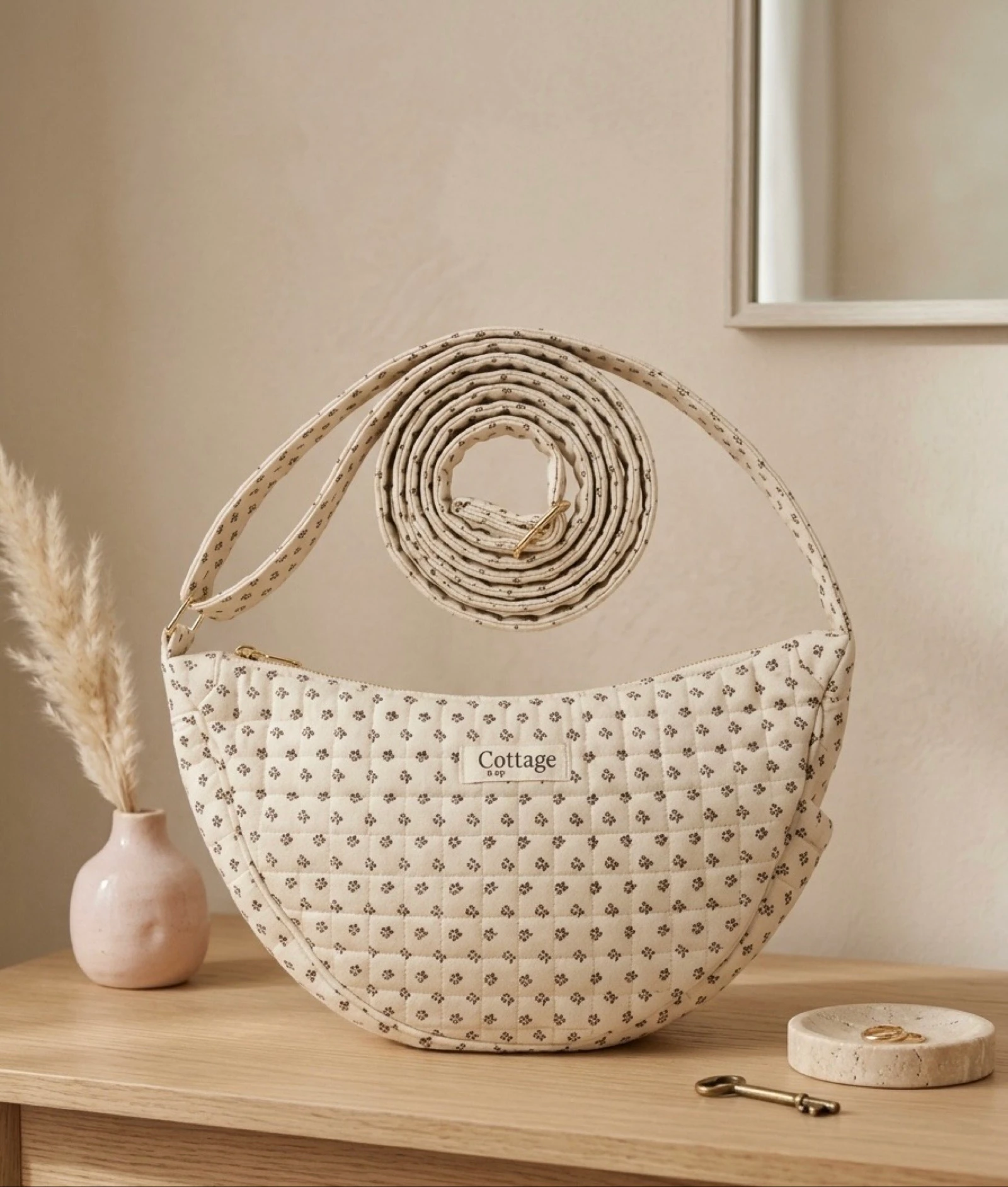 Sac Lune 100% Coton Matelassé Collection Cottage & Bag / Modèle Champs de Fleurs Beige
